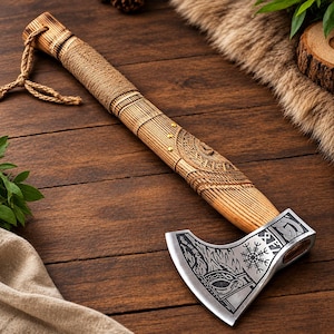 May include: A hand axe with a light brown wooden handle featuring intricate carvings, a wrapped cord grip, and a braided lanyard. The metal axe head displays a detailed engraved design including a Vegvisir symbol and geometric patterns.