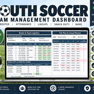 May include: A digital youth soccer team management dashboard displayed on a laptop screen, featuring tabs for roster, team logistics, fair play, and lineup planning. The interface includes tables for player names, attendance, snack duty, and fee tracking.