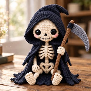 May include: A crocheted skeleton doll featuring a cream-colored yarn body with a black hooded cloak. The figure has large black eyes, pink cheeks, and a stitched mouth. It holds a brown-handled scythe with a grey crocheted blade in its hand.
