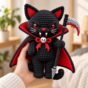 May include: A black crocheted cat doll with red inner ears, red eyes, and white fangs. It wears a black cape with a red lining, a red bow, and a small white skull charm. The cat holds a grey and black scythe with red accents on the blade.