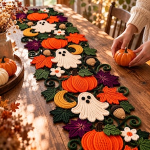Halloween Crochet Table Runner Pattern PDF, Ghost and Pumpkin Spiderweb Doily,  Instant Download