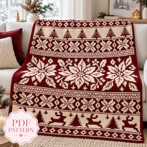 May include: A rectangular crochet blanket featuring a deep red and cream color scheme with repeating patterns of Christmas trees, poinsettia flowers, snowflakes, and reindeer. The design includes a prominent PDF PATTERN label in the corner.