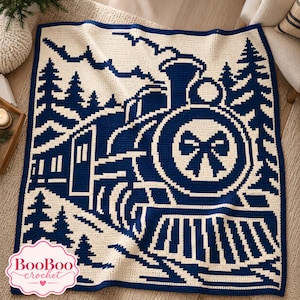 May include: A rectangular crochet blanket featuring a dark blue and cream-colored graphic design of a steam locomotive train traveling through a forest of pine trees. The front of the train engine displays a prominent bow detail.