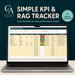 May include: A laptop screen displaying a Simple KPI & RAG Tracker Excel template. The spreadsheet features columns for KPI measure, category, current result, target, direction, RAG status, owner, action status, and management notes on a light background.