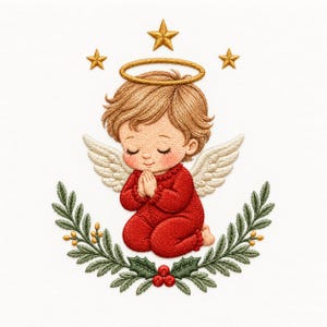 May include: An embroidery design featuring a kneeling angel with light brown hair, closed eyes, and a gold halo. The angel wears a red outfit, has white wings, and is framed by green holly leaves with red berries and three gold stars above.