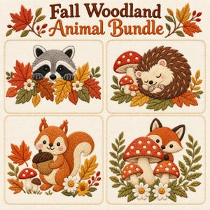 Puede incluir: Un conjunto de diseños de bordado titulado Fall Woodland Animal Bundle con cuatro cuadrados. Las imágenes incluyen un mapache entre hojas de otoño, un erizo durmiendo con setas, una ardilla con una bellota y un zorro con setas.