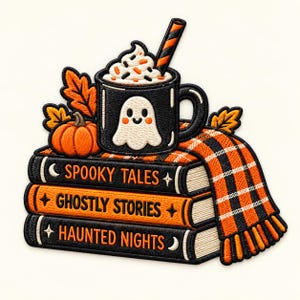 May include: An embroidered patch featuring a stack of three books titled Spooky Tales, Ghostly Stories, and Haunted Nights. A black mug with a ghost illustration, whipped cream, and a striped straw sits on top, next to an orange pumpkin and a plaid scarf.