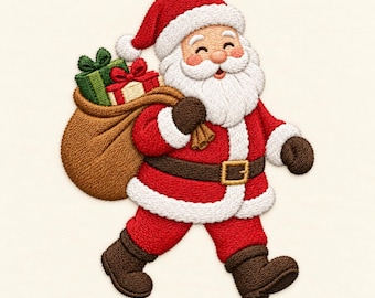 May include: An embroidered patch of Santa Claus wearing a red suit with white fur trim, a black belt with a gold buckle, and brown boots. Santa carries a large brown sack filled with green and white gift boxes tied with red ribbons on his back.