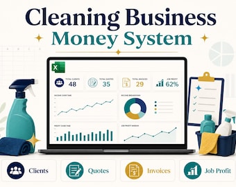 Cleaning Business Bookkeeping Spreadsheet | Client, Quote, Invoice & Job Profit Tracker | Excel Dashboard