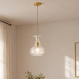 Vintage Glass Pendant Light, Gold Finish Hanging Lamp, E26 Socket, Amber / Clear / Smoke Shade, Kitchen Island Pendant Light for Dining Room