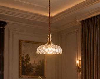 Gold Finish Glass Pendant Light | Clear Petal Glass Shade, Adjustable Cord E26 Vintage Hanging Lamp