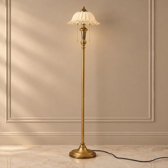 Vintage Floor Lamp, Amber Ruffle Shade Standing Light, E26 Socket, Heavy Thick Base, Retro Living Room Decor Lamp