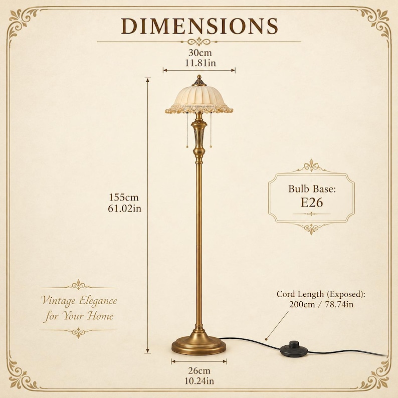 Puede incluir: Una l&aacute;mpara de pie con soporte de metal color lat&oacute;n y pantalla plisada color crema. Mide 155 cm de alto, con un di&aacute;metro de pantalla de 30 cm y una base de 26 cm. Incluye una base de bombilla E26 y un cable de 200 cm de longitud.