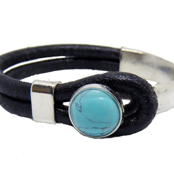 Black Cord Leather With Silver Tone and Turquoise Hook Clasp - Black Leather And Turquoise Stone Bracelet - Black Leather Cord Bracelet