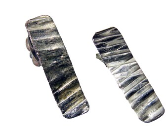 Silver Plated Hammered Rectangular Ear Studs - Unique Hammered Silver Ear Studs - Rectangular Silver Earrings - Silver Ear Studs