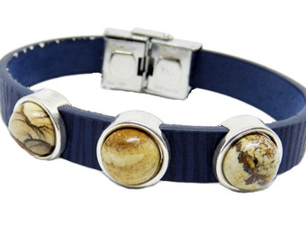 Small Dark Blue Leather Bracelet With Three Round Picture Jasper Slider Beads - Blue Leather And Jasper Bracelet - Dainty Leather Bracelet