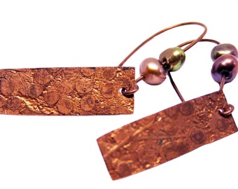 Etched Copper And Brown Freshwater Pearl Dangle Earrings - Unique Copper And Pearl Drop Earrings - Textured Rectangular Copper Earrings
