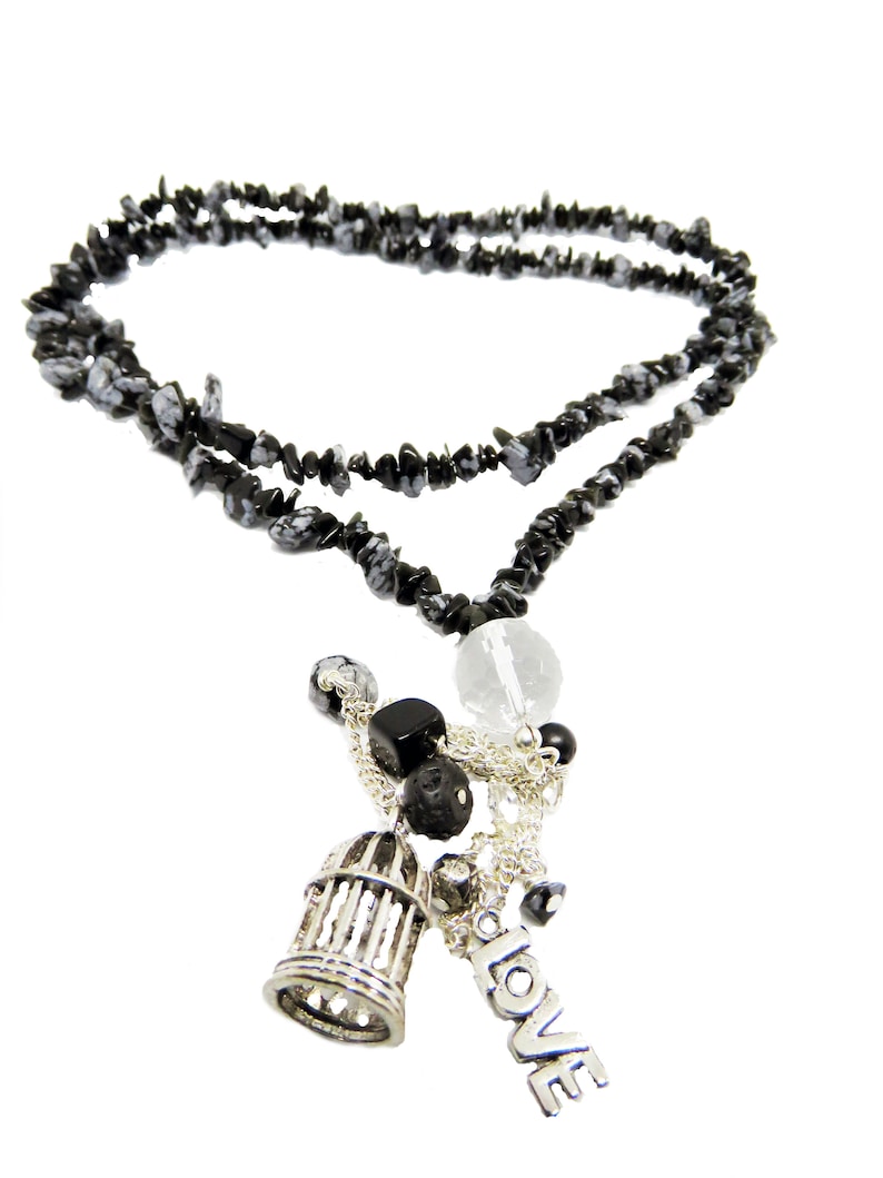 Extra Long Black Gemstone Chip And Charm Necklace Long Black Gemstone Necklace Long Black Wrap Around Necklace