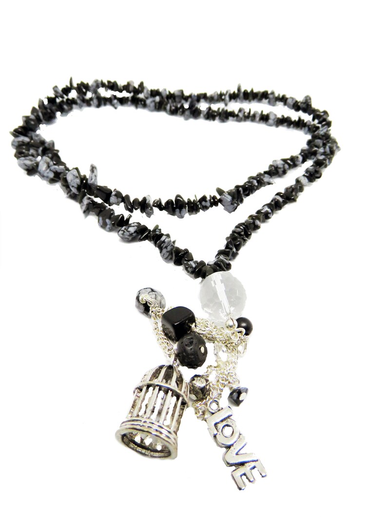 Extra Long Black Gemstone Chip And Charm Necklace Long Black Gemstone Necklace Long Black Wrap Around Necklace