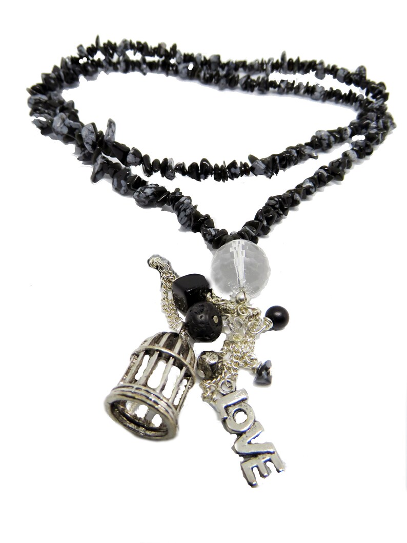 Extra Long Black Gemstone Chip And Charm Necklace Long Black Gemstone Necklace Long Black Wrap Around Necklace