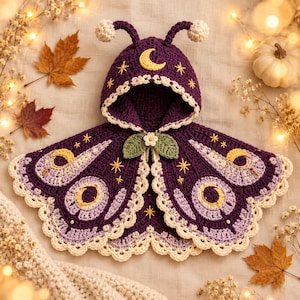 May include: A deep purple crochet hooded cape featuring light purple moth wing patterns, yellow embroidered crescent moons and stars, a scalloped cream-colored border, and a central closure with two green leaves and a small white flower.