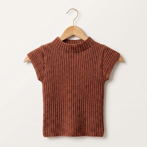 May include: A rust-coloured, sleeveless knit top featuring a ribbed texture and a mock neck collar. The garment is displayed on a wooden hanger, showcasing a vertical knit pattern throughout the bodice and structured cap sleeves.