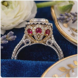May include: A ring featuring a large rectangular center stone surrounded by a halo of small white stones. The gallery is crafted in yellow gold with three round red rubies set within ornate, diamond-encrusted, teardrop-shaped filigree frames.