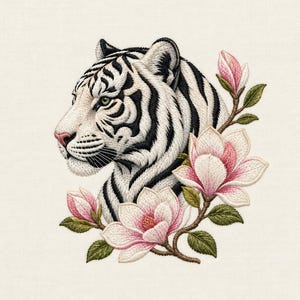 Puede incluir: Un diseño de bordado que muestra una cabeza de tigre blanco de perfil con rayas negras, junto a una rama de flores de magnolia rosas en flor con hojas verdes, todo realizado con hilo detallado sobre una tela de color crema.