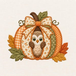 May include: An embroidered design featuring a central owl peeking out from a pumpkin. The pumpkin is decorated with orange gingham, floral, and polka dot patterns, topped with a large bow and surrounded by green and orange autumn leaves.