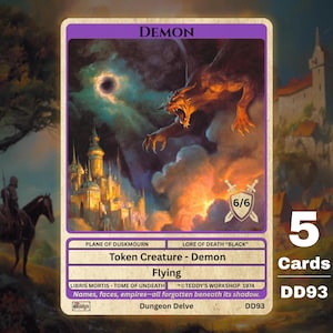 May include: A rectangular game card titled Demon featuring a winged creature flying over a castle under a dark sky. The card displays the text Token Creature - Demon, Flying, and 6/6 power and toughness. The bottom includes the text Libris Mortis - Tome of Undeath, Teddy's Workshop 1974, and Names, faces, empires—all forgotten beneath its shadow.