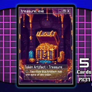 May include: A rectangular trading card featuring pixel art of an open treasure chest overflowing with gold coins. The card displays the text treasure.exe and Token Artifact - Treasure. The background is a dark purple cave with dripping gold.
