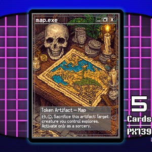 May include: A rectangular trading card titled map.exe featuring pixel art of a human skull, a lit candle, and a detailed map on a wooden table. The card text reads Token Artifact - Map, 1, tap, Sacrifice this artifact: Target creature you control explores. Activate only as a sorcery. The card is set against a purple grid background.