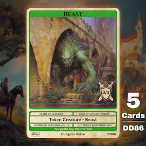 May include: A rectangular trading card featuring a green border and a central illustration of a green, mossy beast emerging from a stone bridge archway. The card displays the text Beast, 3/3, Plane of Eldraine, Token Creature - Beast, and Dungeon Delve.