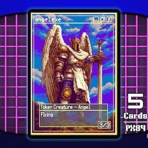 Op de afbeelding: Een pixel art ruilkaart getiteld angel.exe met een gevleugelde figuur in harnas die een zwaard vasthoudt tegen een blauwe lucht. De kaarttekst bevat Token Creature - Angel, Flying en 3/3. Rechts is de tekst 5 Cards PX84 zichtbaar.