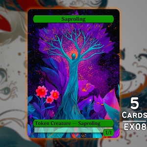 May include: A rectangular trading card featuring a central blue tree-like figure with purple foliage against a dark, starry background. The top green banner reads Saproling, and the bottom banner reads Token Creature - Saproling with a 1/1 indicator.
