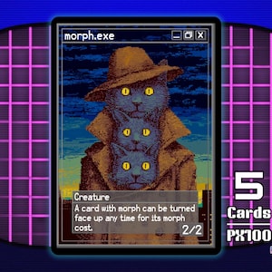 May include: A rectangular trading card titled morph.exe featuring pixel art of three stacked blue cats wearing a tan trench coat and hat. The card text reads Creature, A card with morph can be turned face up any time for its morph cost, 2/2.