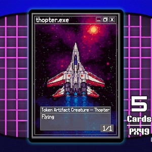 Puede incluir: Una tarjeta coleccionable rectangular con pixel art de una nave espacial blanca y roja sobre un fondo de espacio oscuro. La barra superior de la ventana dice thopter.exe. El cuadro de texto muestra Token Artifact Creature - Thopter, Flying y 1/1.