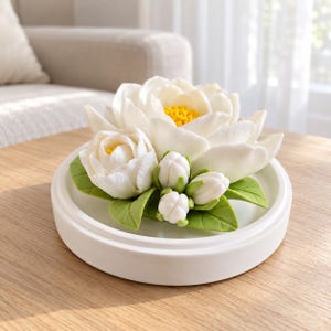 Escultura de loto de cerámica blanca hecha a mano, flor de porcelana eterna con capullos, decoración zen para el hogar, regalo de boda para ella.