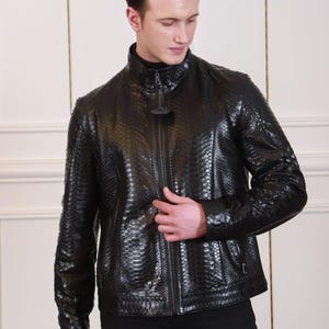 Men's Black Crocodile-Embossed Leather Jacket: Two-Tone Trim, Zip Closure