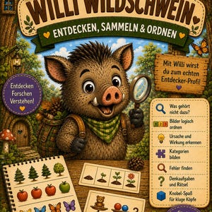 Puede incluir: Una portada de juego de mesa titulada Waldinia Willi Wildschwein que muestra un jabalí de dibujos animados con una lupa. El diseño incluye tarjetas de actividades educativas, un cuaderno de espiral con ilustraciones y texto en alemán.