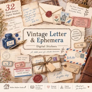 Vintage Letter & Ephemera Digital Stickers | 32 Vintage Journaling Elements | Postal  Writing Paper Collage | ヴィンテージ手紙素材