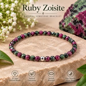 May include: A stretch bracelet featuring 2.5 mm faceted ruby zoisite beads in shades of deep pink and dark green, accented by a single smooth silver bead. The text Ruby Zoisite Natural Gemstone Bracelet is visible above the jewellery piece.