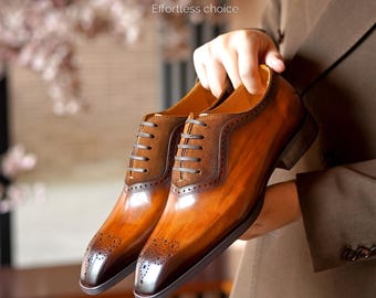 Chaussures Oxford pour homme en cuir patiné marron, style brogue, en daim, faites main, pour mariage ou cérémonie, chaussures de luxe