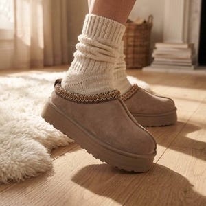 Women's Beige Suede Platform Mules Backless Slip-On Slippers Casual Comfort Everyday Shoes