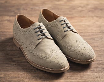 Men's Grey Suede Wingtip Brogue Derby Shoes Handmade Wedding Formal Office Custom Luxury Footwear