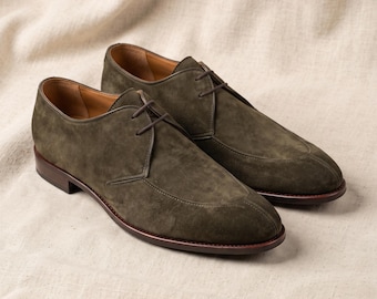 Men's Grey Suede Derby Shoes Handmade Apron Toe Wedding Formal Office Custom Dress Footwear