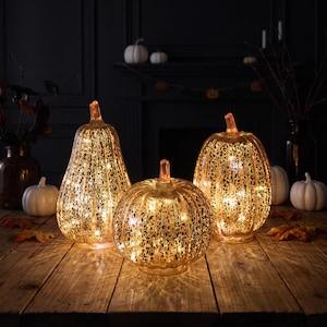 Può includere: Tre zucche decorative in vetro con finitura metallica effetto mercurio, ciascuna illuminata dall'interno da luci a stringa bianco caldo. Il set comprende una zucca alta a forma di pera e due zucche rotonde di dimensioni diverse con superficie.