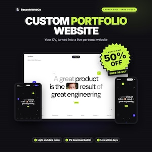 Pode incluir: Um anúncio digital para um serviço de site de portfólio personalizado da BespokeWebCo. O gráfico exibe uma interface de desktop, tablet e celular com o texto A great product is the result of great engineering e 50% de desconto.