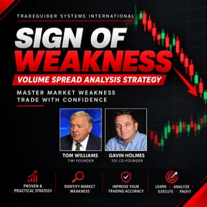 Puede incluir: Un póster gráfico negro titulado SIGN OF WEAKNESS VOLUME SPREAD ANALYSIS STRATEGY de TradeGuider Systems International. Presenta una flecha roja descendente sobre un gráfico bursátil, fotos de Tom Williams y Gavin Holmes y cuatro iconos.