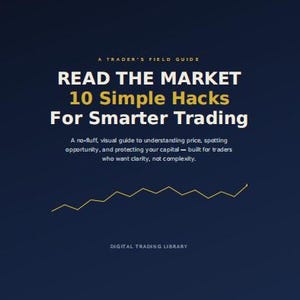 Op de afbeelding: Een donkerblauwe digitale boekomslag met de titel A TRADER'S FIELD GUIDE READ THE MARKET 10 Simple Hacks For Smarter Trading. Het bevat een ondertitel over prijsbegrip, een gele lijngrafiek en de tekst DIGITAL TRADING LIBRARY onderaan.